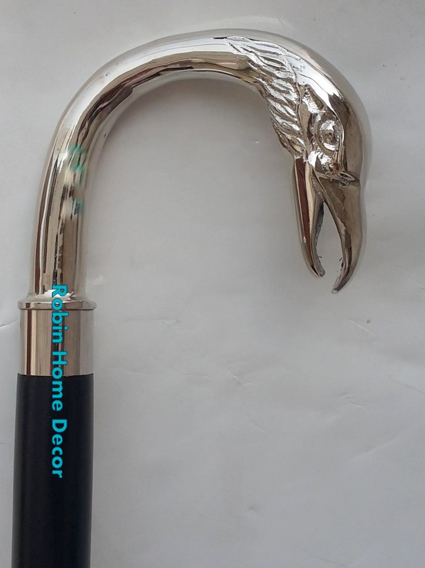 Antique Silver Designer Swan Face Handle Wooden Vintage Walking Cane Style Stick