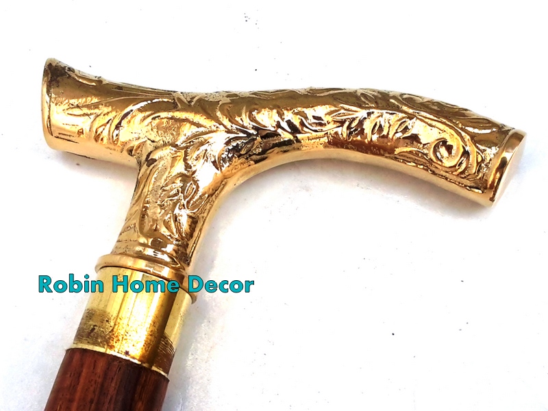 Vintage Designer Brass Handle Antique Victorian Cane Wooden Walking Stick
