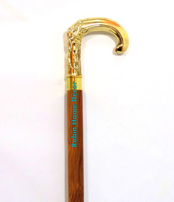 Antique Victorian  Brass Vintage Designer Handle Walking Wooden Stick Cane