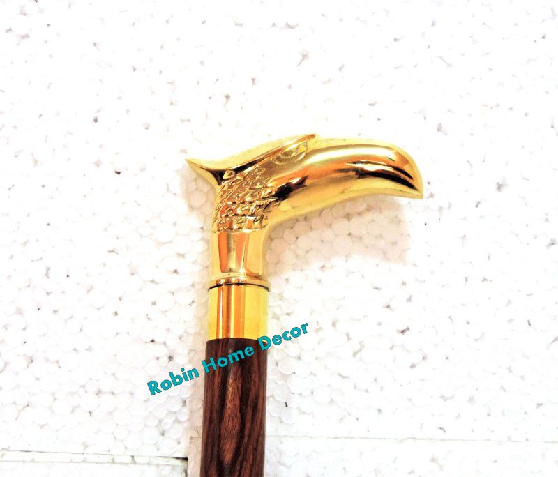 Vintage Cane Walking Stick Handle Eagle Head Cast Brass Wooden Walking Stick
