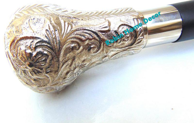 Antique Brass Designer Handle Nickel Finish cane Walking Stick Designer Vintage Walking Cane